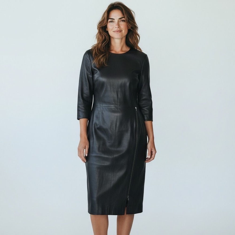 Worth New York Womens Black Authentic Leather Sheath Dress Size 10 Zip Hem